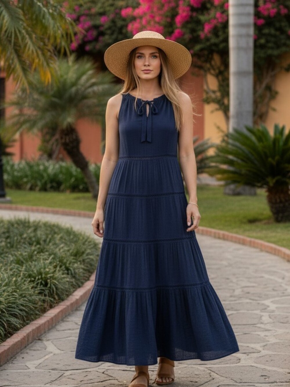 Talbots Navy Blue Tiered Maxi Dress Cotton Gauze Sleeveless Boho